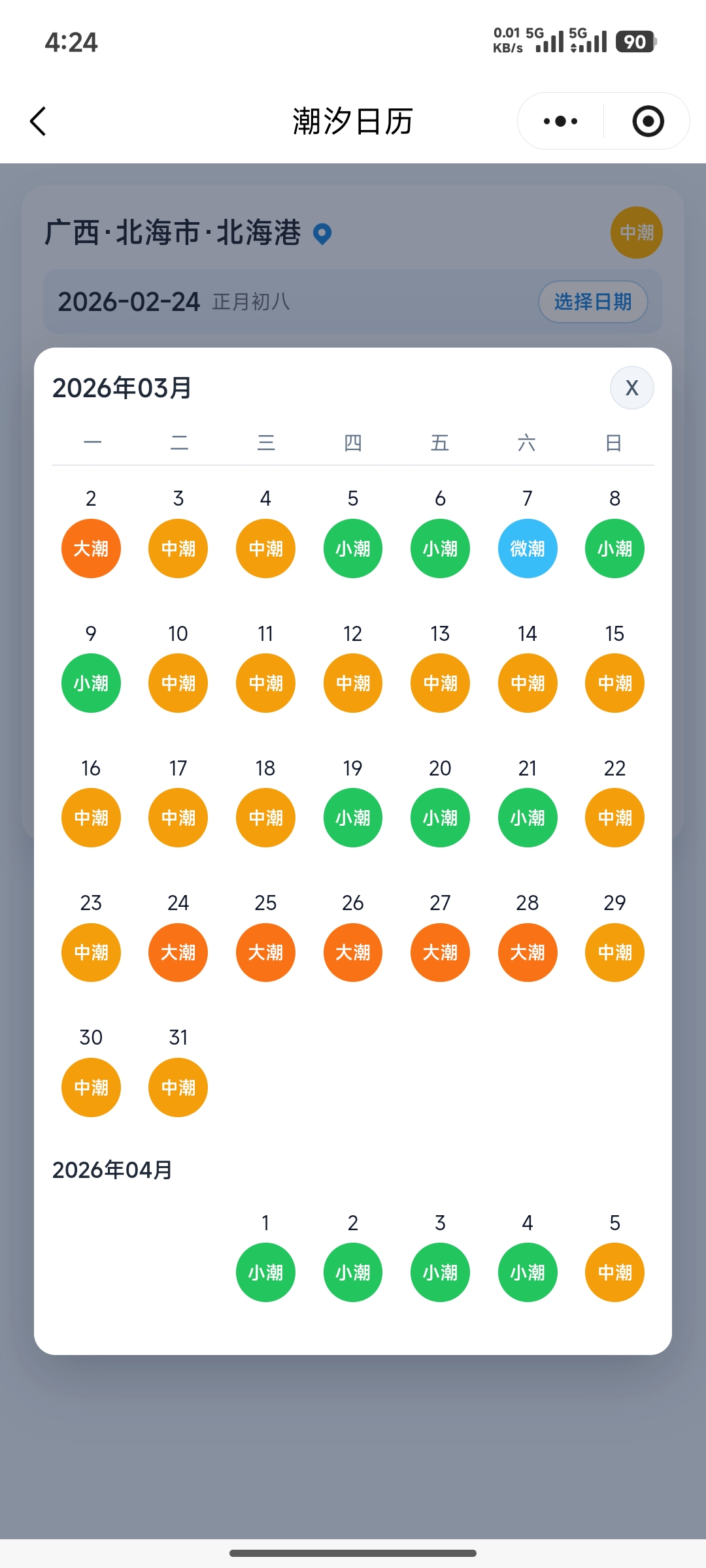 潮汐日历截图:按日期查看潮汐变化